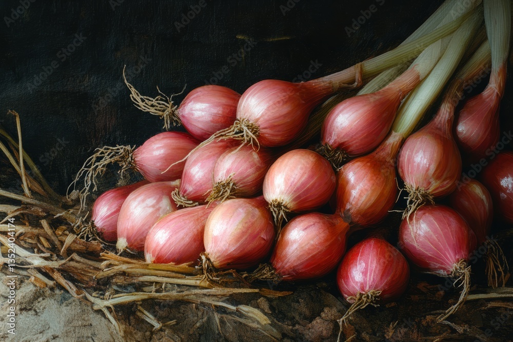 Freshly harvested red onions are drying on a bed of straw, showcasing their vibrant color and earthy roots in a rustic setting Freshly harvested red onions are drying on a bed of straw, showcasing their vibrant color and earthy roots in a rustic setting