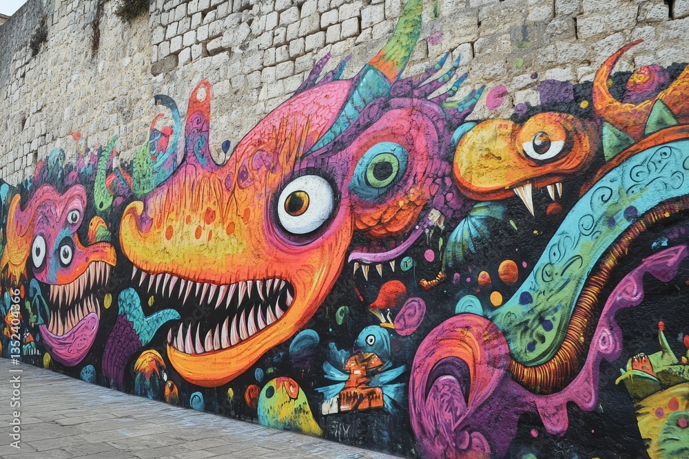 Fototapeta premium Colorful monster graffiti mural on brick wall