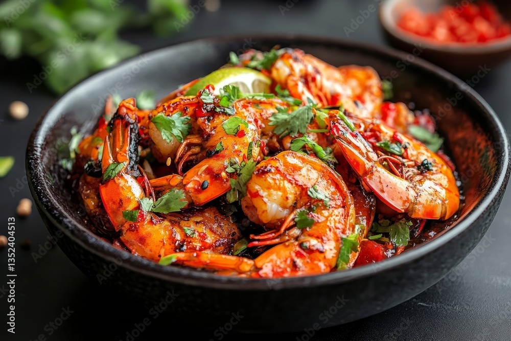 Delicious serving of steaming hot shrimp with rice and mangetout, garnished with sesame seeds and coriander, served in a black bowl Delicious serving of steaming hot shrimp with rice and mangetout, garnished with sesame seeds and coriander, served in a black bowl