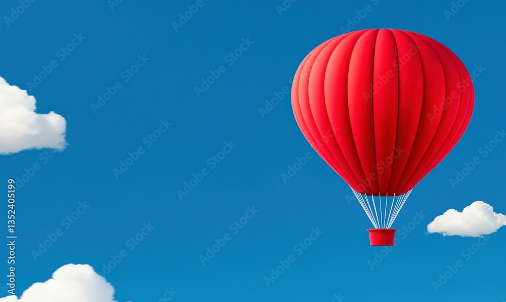 Obraz premium Vibrant Red Hot Air Balloon Against Bright Blue Sky with Fluffy White Clouds, Perfect for Travel, Adventure or Leisure-Themed Projects