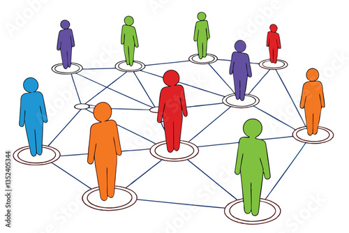 20 Colorful 3D human figures, network connections, social networking concept, diverse community, interconnected people, vibrant colors, white background, shallow depth of field, macro photography, sym