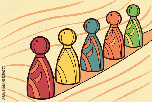 21 Colorful wooden figurines, diversity concept, minimalist design, lined up in a row, vibrant primary colors, abstract human shapes, smooth rounded forms, wood grain texture background, macro photogr