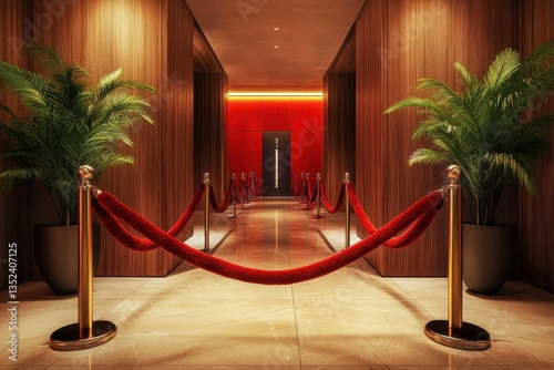 A luxurious hallway with velvet ropes and potted plants is displayed