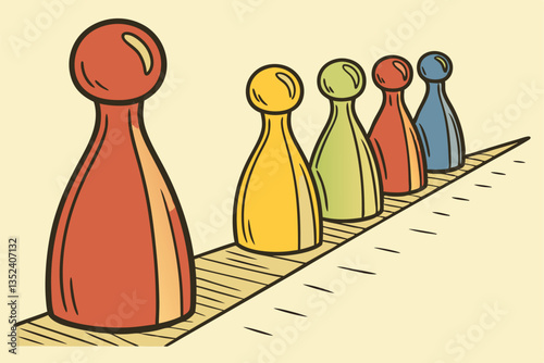 21 Colorful wooden figurines, diversity concept, minimalist design, lined up in a row, vibrant primary colors, abstract human shapes, smooth rounded forms, wood grain texture background, macro photogr