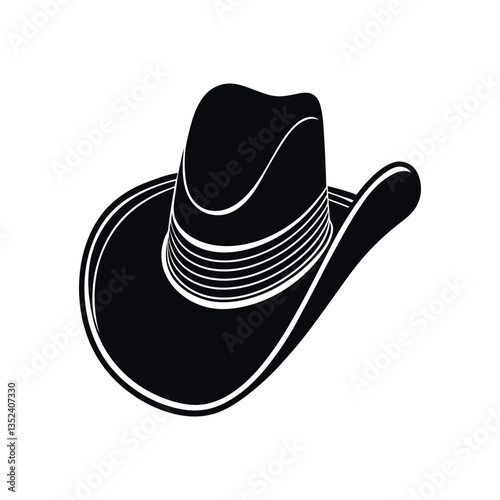 Black and white vector illustration of a cowboy hat with curved brim and distinct band. Ideal for Western, rodeo, and country-themed designs.