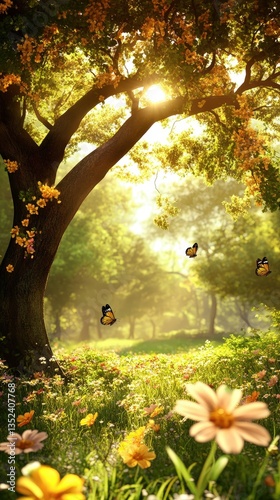 Sunny forest glade with butterflies