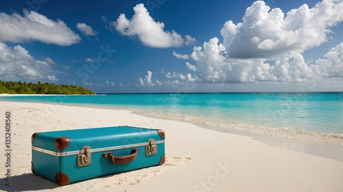 Escena relajante y tropical: maleta de cuero azul y zapatillas colocadas en una playa frente al océano turquesa bajo un cielo azul.