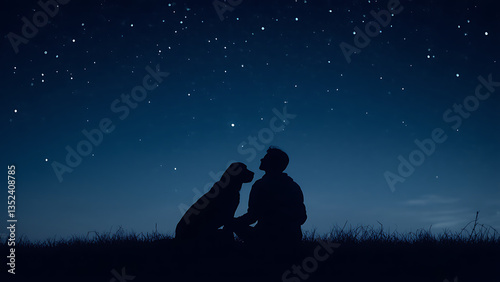 person and their dog sit together under starry night sky, creating serene and heartwarming moment of companionship and tranquility