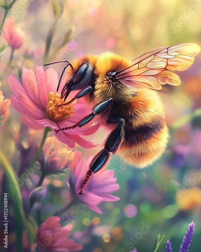 The intricate wings of the bee shimmer with transparency.