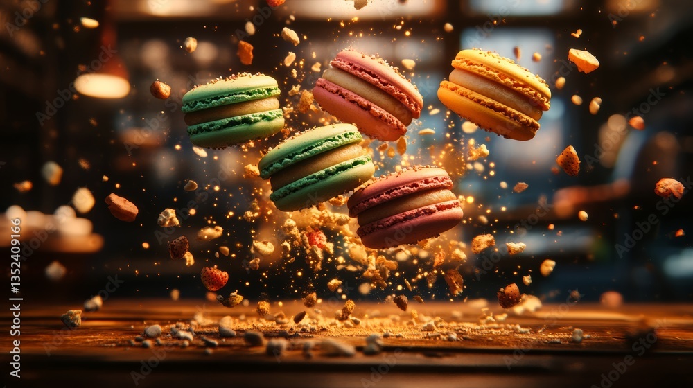 Fototapeta premium Close up of a table with a bunch of macarons flying through the air