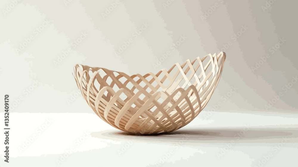 Obraz premium A studio shot of a small, shallow bowl. The bowl is crafted from a light beige or off-white material, possibly ceramic or porcelain, featuring a complex lattice or interwoven pattern. The texture