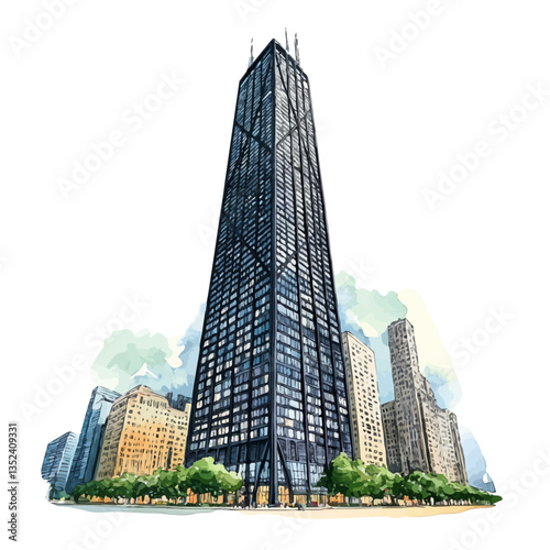 A watercolor vector painting of John Hancock Center, isolated on a white background. John Hancock Center vector.

