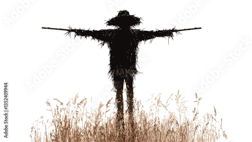 The image is a minimalist silhouette of a scarecrow standing in a wheat field against a white background. The scarecrow is depicted in black, with outstretched arms, wearing a hat. The wheat field