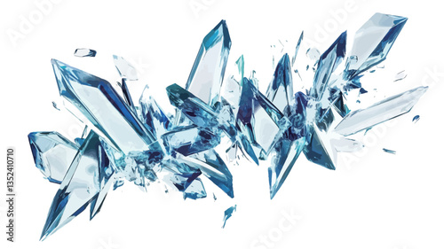 The image is a digital illustration depicting an abstract composition of blue and white crystal shards. The shards are angular and sharp, creating a sense of motion and explosion.  The background