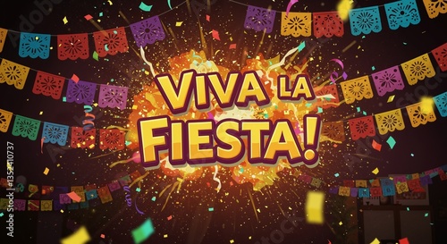 Viva La Fiesta banner with colorful papel picado and confetti explosion. Celebration and party concept. Background for design, invitation, poster, flyer for Cinco de Mayo or Hispanic Heritage Month.