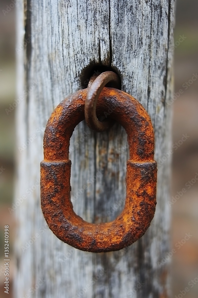 Rusty Chain Link on Wooden Post. Rusty Chain Link on Wooden Post.