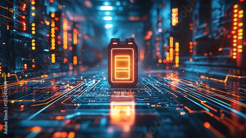 Futuristic battery on glowing circuit board.