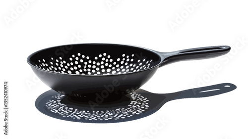 High-angle, full shot of a black, matte colander with a matching stand. The colander is bowl-shaped with a handle and numerous small, evenly spaced perforations across its surface. The stand is a