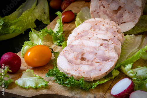 Chopped ham. Homemade sausage, decorated with lettuce leaves and vegetables on a wooden board.

