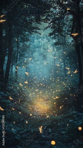 Golden fireflies swirling in a magical misty enchanted forest