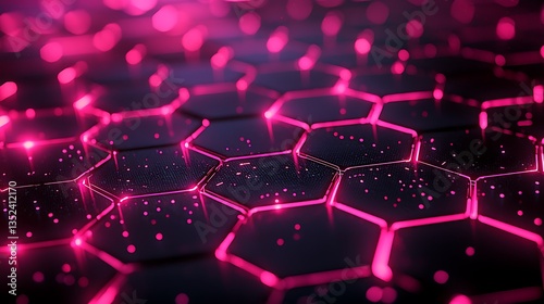 Abstract pink glowing hexagonal grid.