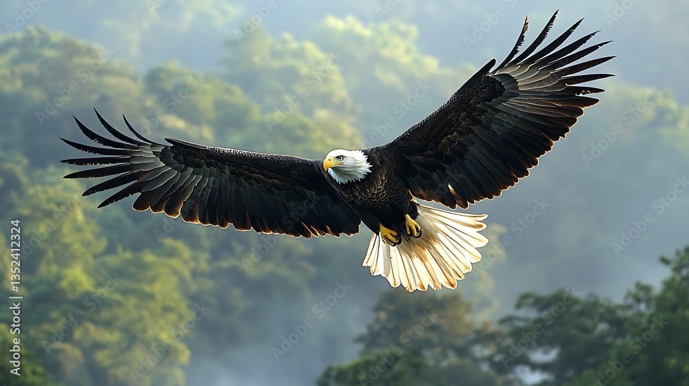 Naklejka premium Majestic bald eagle in flight over lush green forest.