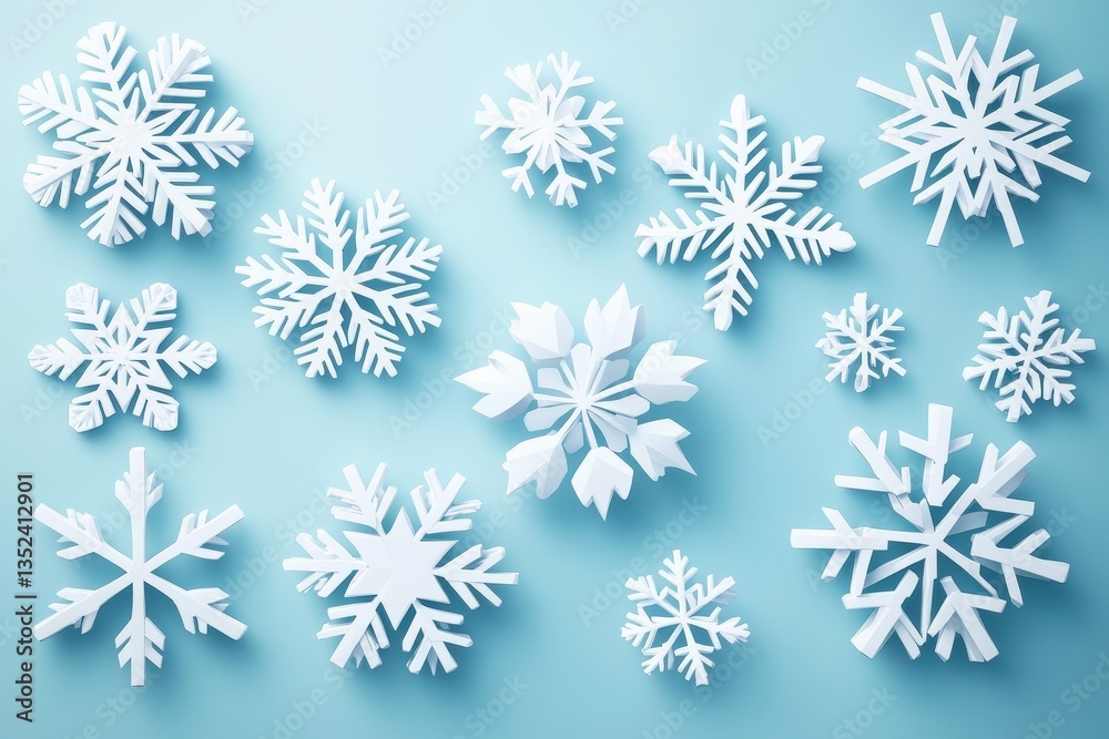 White paper cut snowflakes scattered on a light blue background