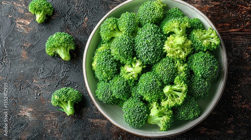 Fresh broccoli florets in bowl, dark background, healthy food, recipe ingredient