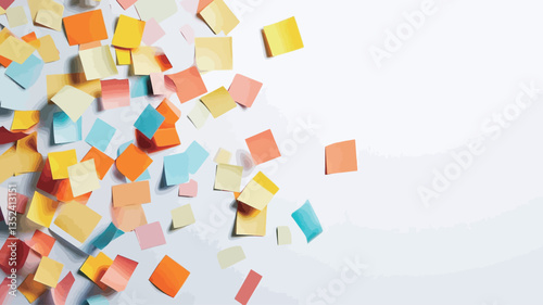 High-angle, close-up view of numerous small, square sticky notes in various pastel and bright colors scattered across a plain white background. The sticky notes are irregularly distributed,
