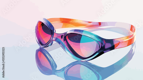 Close-up studio shot of a pair of swimming goggles with a multicolored, abstract design. The goggles are predominantly orange, pink, teal, and purple. They are positioned at a slight angle on a