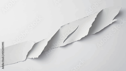 The image shows a long, thin strip of white paper that has been torn irregularly. The paper is lying on a white background, creating a high-contrast image. The tears in the paper are uneven,