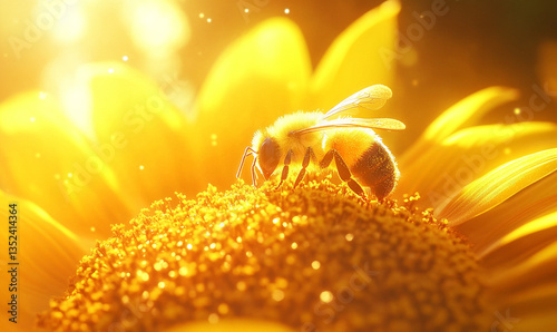 A sunflower provides nectar for the hardworking bee.