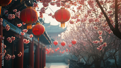 Qingming Festival, serene scene of cherry blossoms and red lanterns in traditional setting, evoking festive atmosphere. photo