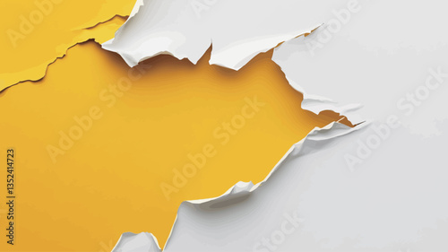 Close-up shot of a piece of paper with a deliberately created tear, revealing a yellow background underneath a white layer. The tear is irregular, showing uneven edges and small fragments of paper.