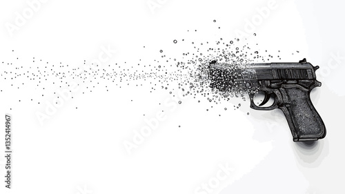 A grayscale image depicts a handgun on a white background.  The barrel and a portion of the slide are dissolving into small, dark gray particles that trail away from the gun. The remaining portion
