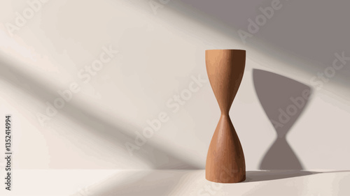 A close-up shot of a light brown, hourglass-shaped wooden object standing on a white surface.  The object is smooth and appears to be made of a single piece of wood. Strong sunlight casts a