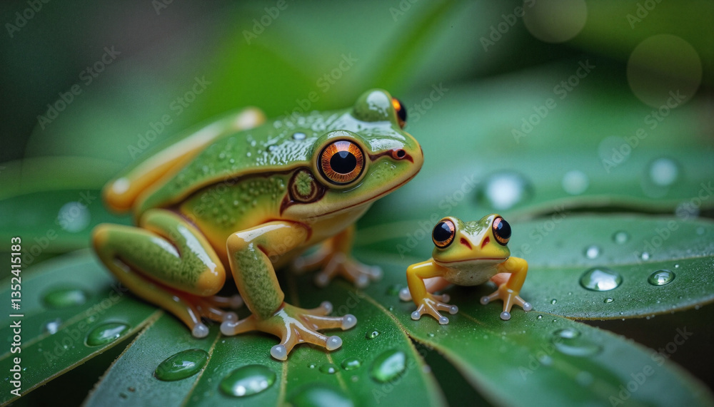 Tiny frog resting on leaf during spring rain, nature's tranquility Tiny frog resting on leaf during spring rain, nature's tranquility