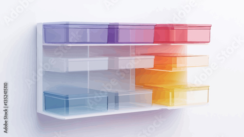 The image shows a white rectangular storage unit against a white background. The unit is composed of multiple translucent compartments of varying sizes and shapes, arranged in tiers.  The