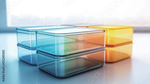 The image shows three sets of stacked rectangular food storage containers. Two sets are transparent with a light blue and smoky brown tint respectively. One set is a transparent orange color. The