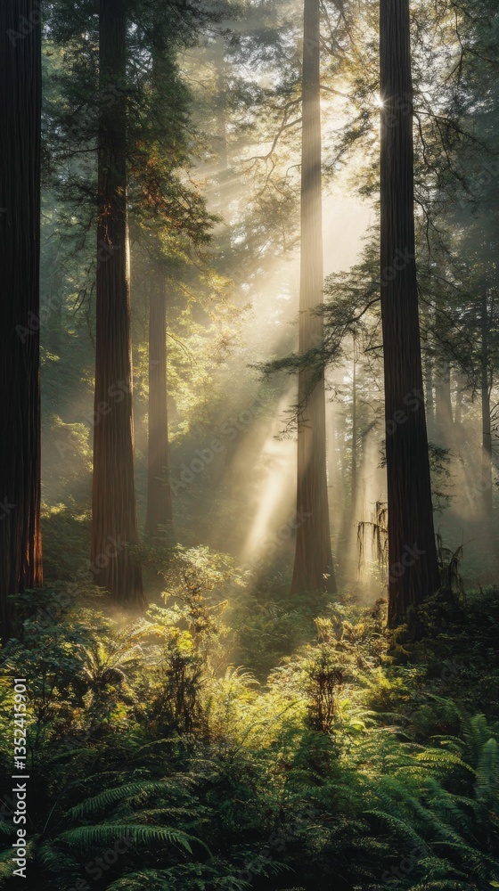 Fototapeta premium Forest light filters through towering redwood trees.