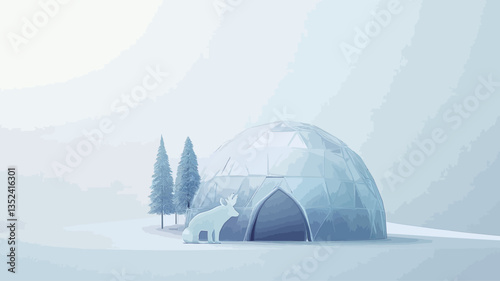 The image depicts a digital rendering of an ice dome structure, resembling an igloo, situated in a minimalist winter landscape.  The background is a soft, light blue and white gradient.  Two