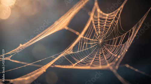Intricate Spiderweb: A Delicate Trap. A spider's web spun against a dark background, gleaming with a golden hue, capturing the delicate structure.