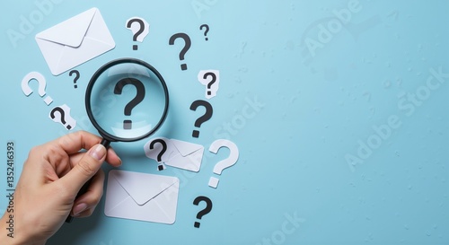 Wallpaper Mural Questions, emails, and magnifying glass in hand on blue background. Modern design. FAQs, support, assistance concept. Background for web banner, website, advertising. with copy space. Torontodigital.ca