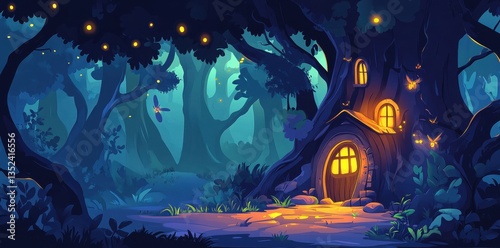 Illuminated treehouse nestled deep inside a mystical moonlit forest