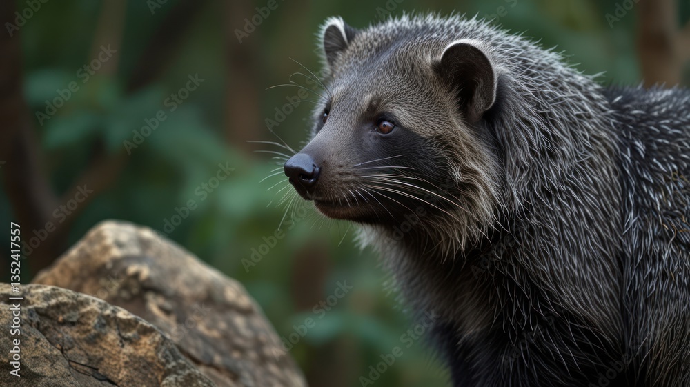 Naklejka premium An inquisitive raccoon dog gazes to the right in a forest, with wet fur and soft background