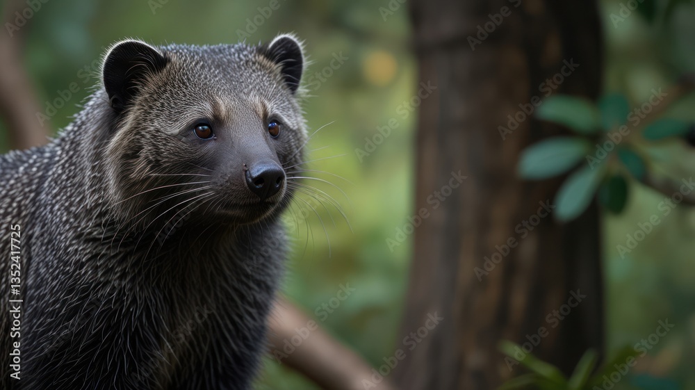 Obraz premium A gentle civet in the jungle, captured in a soft, blurred background