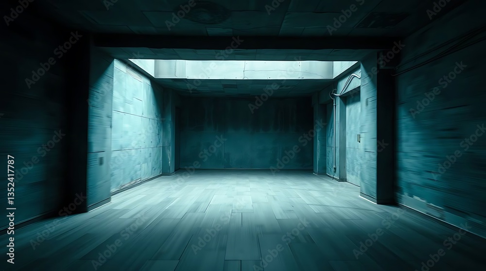 Fototapeta premium Dark Eerie Empty Hallway in Blue Tones Architecture & Mystery