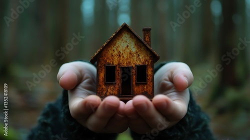 A small rusty house model held gently in hands against a blurry forest backdrop, symbolizing resilience and timelessness amidst the changing environment