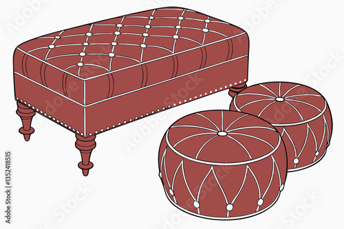 22 Red velvet ottoman, tufted upholstery, circular poufs, luxurious furniture, vibrant crimson, repetitive pattern, plush texture, elegant decor, symmetrical arrangement, studio lighting, high-resolut