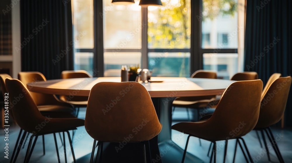 Fototapeta premium Modern conference room with large round table and soft lighting during daylight hours